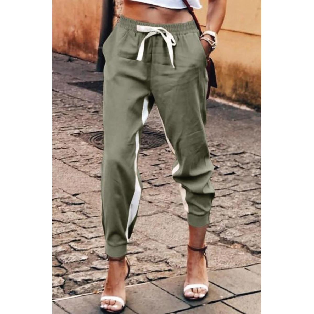 Pantaloni La Moda Largi Cu Dungi Si Talie Elastica Frieda, Verde