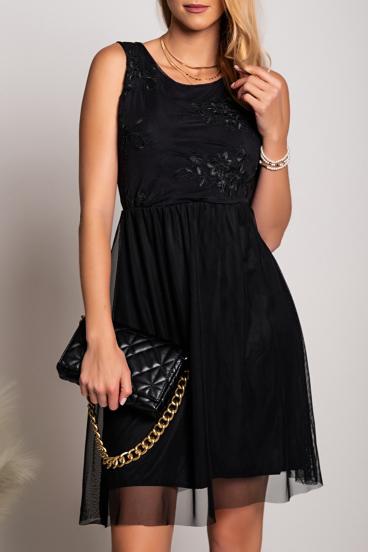 Rochie elegantă cu decolteu rotund și detalii broderie Dilana, neagră
