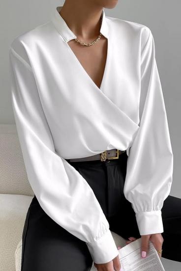 Bluză elegantă cu decolteu în ''V'' încrucișat, albă