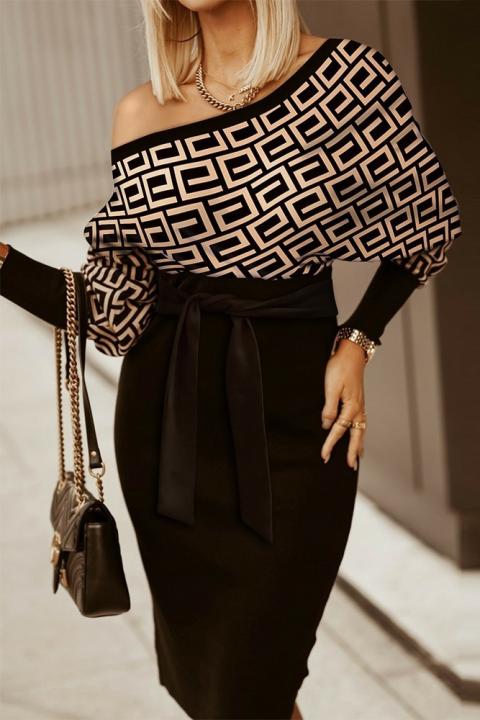 Rochie midi elegantă cu imprimeu geometric Serenna, neagră