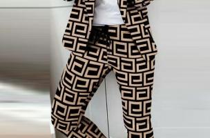 Costum pantaloni eleganti cu imprimeu geometric Nunzia, negru-bej