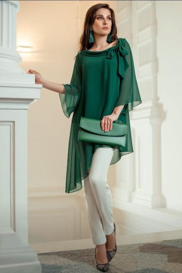 Tunica eleganta din stofa semitransparenta cu fundita decorativa Ginette, verde inchis