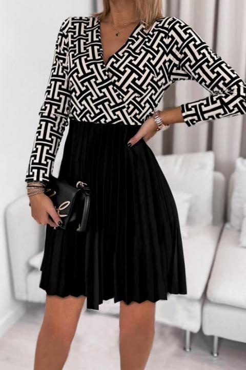 Rochie mini eleganta cu fusta plisata si imprimeu geometric Leonessa, neagra