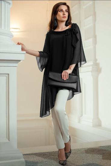Tunica eleganta din stofa cu fundita decorativa Ginette, neagra