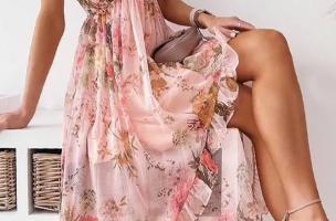 Rochie maxi eleganta cu imprimeu Noalla, roz deschis