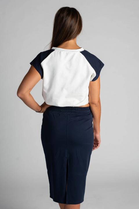 Set la modă de tricou scurt cu imprimeu  și fusta midi Peruggina, alb-albastru