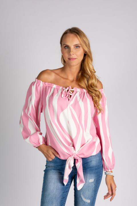 Bluză lejera cu umeri goi și snur Inessa, alb-roz