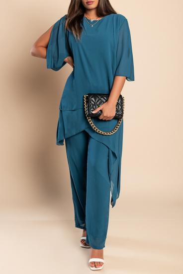 Set tunică elegantă și pantaloni lungi Claudette, albastru petrol