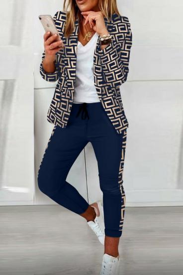 Costum elegant cu pantalon si blazer cu imprimeu geometric Nunzia, albastru inchis
