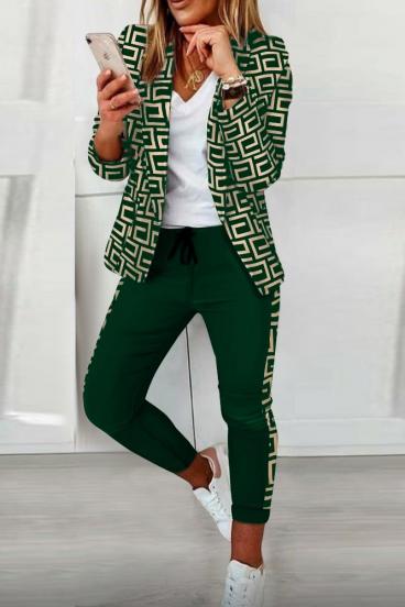 Costum elegant cu pantalon si blazer cu imprimeu geometric Nunzia, verde închis