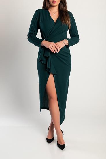 Rochie midi elegantă cu volane pliabile și mâneci 3/4 Brynlee, verde închis