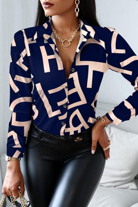 Bluza eleganta din imitatie de satin cu imprimeu litere Medellina, albastra