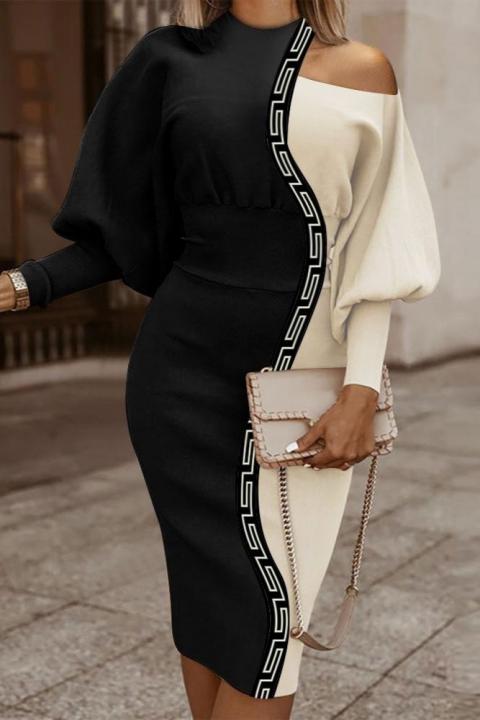 Rochie midi elegantă cu imprimeu geometric, negru/bej