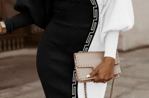Rochie midi elegantă cu imprimeu geometric, alb/negru