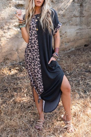 Rochie maxi eleganta cu imprimeu leopard, neagra