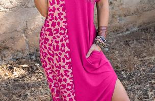 Rochie maxi elegantă cu imprimeu leopard, roz