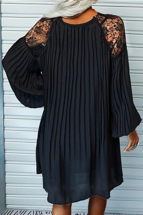 Rochie mini plisată elegantă cu mâneci lungi largi și inserții din dantelă Cremona, neagră