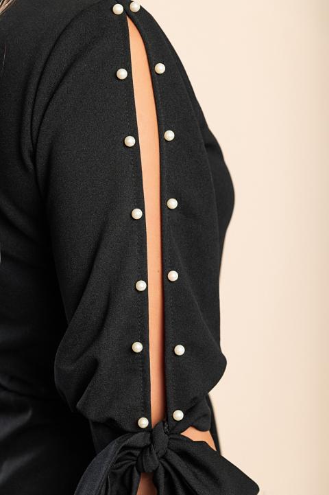 Rochie midi elegantă cu guler rotund mâneci 3/4 cu fantă și margele decorative Peppina, neagră