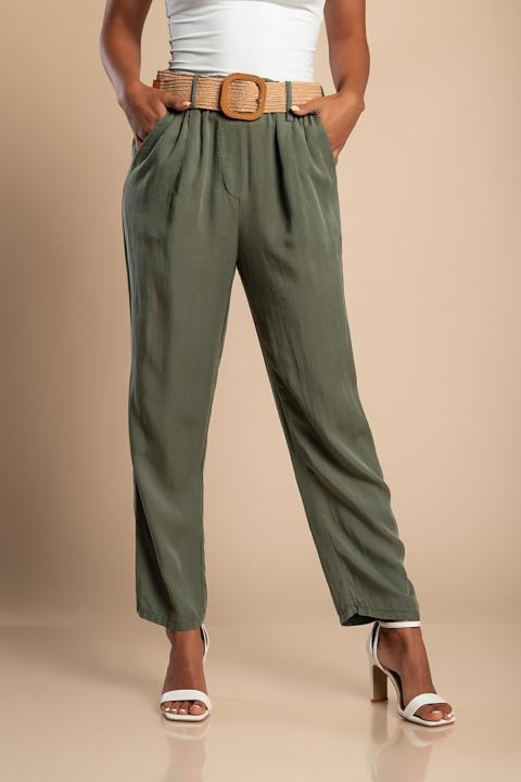 Pantaloni lungi cu centura decorativa, verde olive