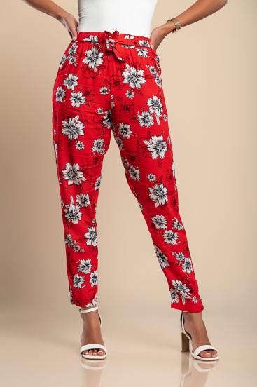 Pantaloni lungi din bumbac cu imprimeu floral, rosii