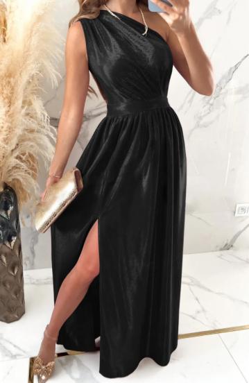 Rochie lungă elegantă din imitație de catifea, neagră