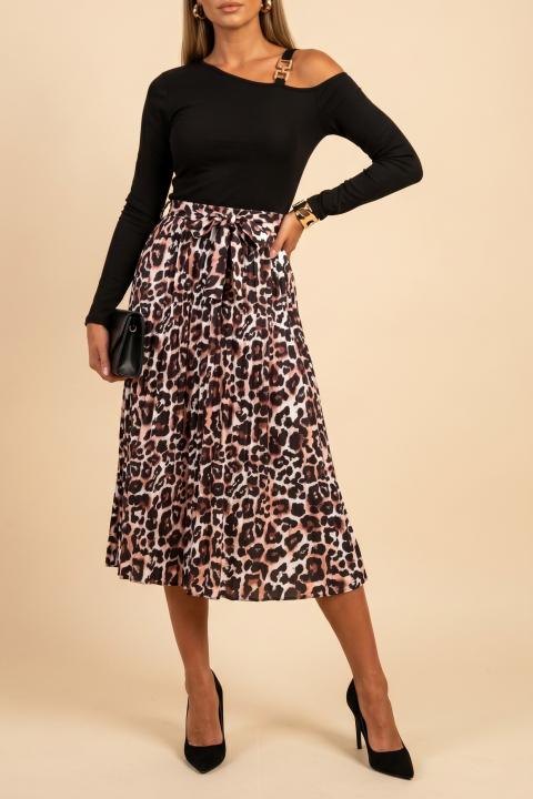 Rochie midi cu imprimeu leopard, neagră