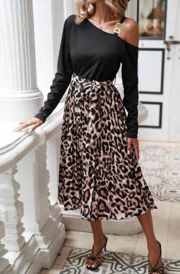 Rochie midi cu imprimeu leopard, neagră