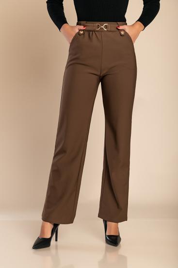 Pantaloni eleganti cu detaliu metalic, maro