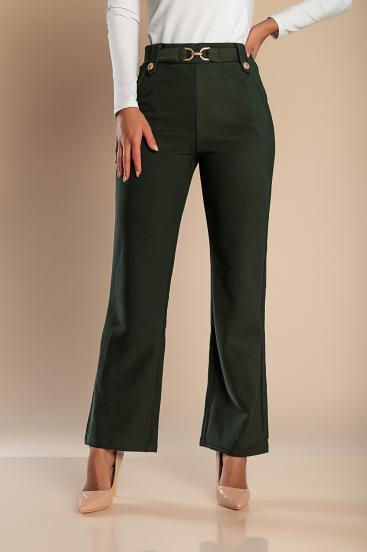 Pantaloni eleganti cu detaliu metalic, verde masliniu