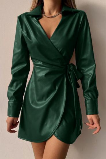 Rochie mini eleganta din piele sintetica cu pliuri Pellita, verde inchis