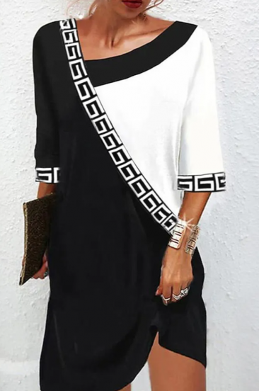 Rochie elegantă cu imprimeu geometric, alb-negru