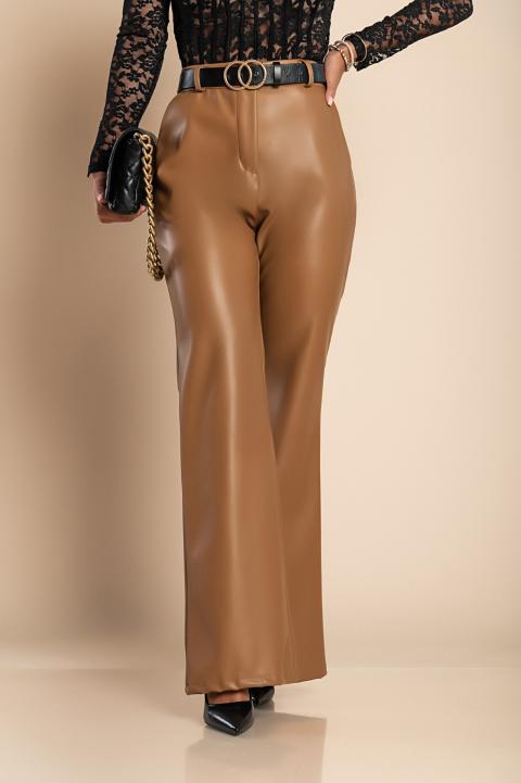 Pantaloni eleganti lungi din imitatie de piele, camel
