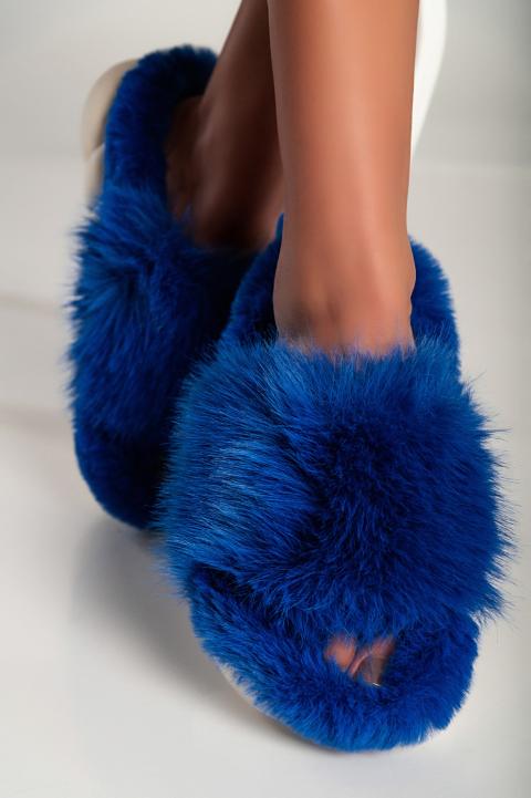 Papuci cu blană artificială, albastru