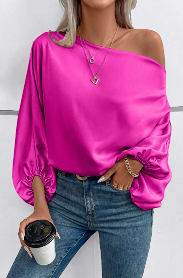 Bluză elegantă cu decolteu asimetric, roz
