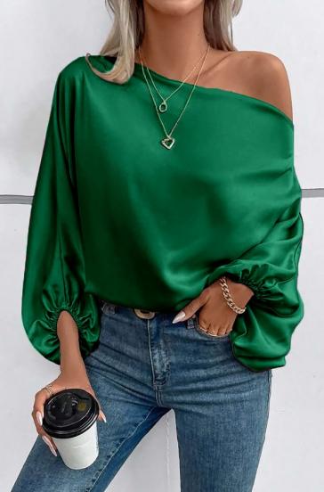 Bluză elegantă cu decolteu asimetric, verde