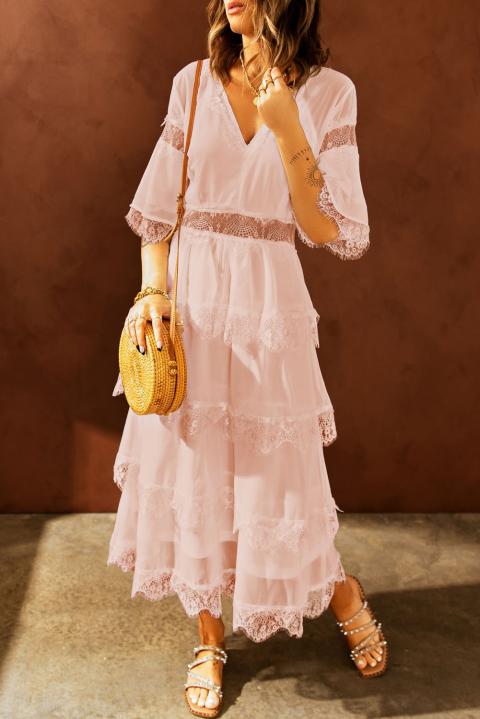 Rochie midi elegantă cu inserții transparente din dantelă Tiziana, roz