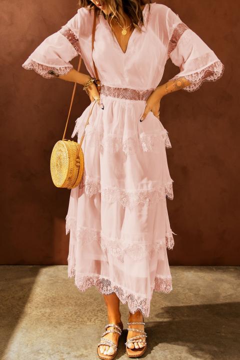 Rochie midi elegantă cu inserții transparente din dantelă Tiziana, roz