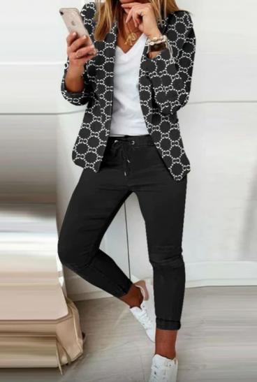 Set pantaloni cu blazer elegant cu imprimeu Estrena, negru/alb