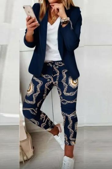 Set pantaloni cu blazer elegant cu imprimeu Estrena, albastru închis/imprimat
