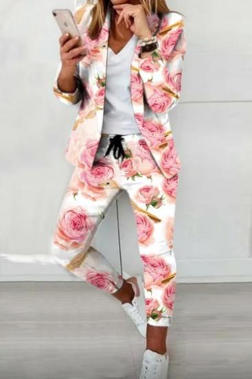 Set pantaloni cu blazer elegant cu imprimeu floral Estrena, alb