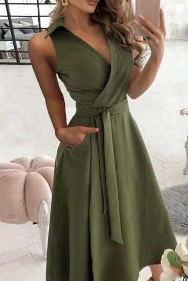 Rochie midi elegantă cu guler, verde măsliniu
