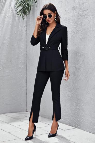 Set blazer elegant și pantaloni cu centură, negru