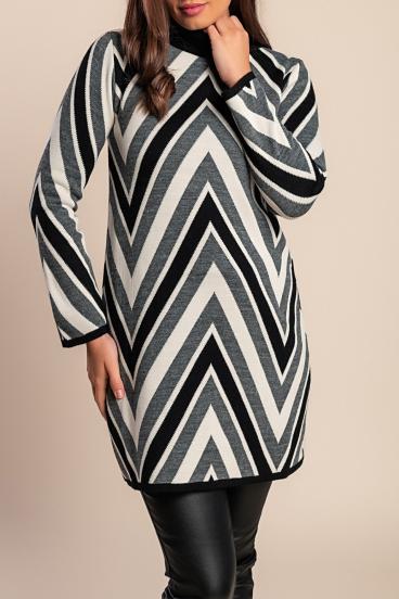 Rochie mini tricotata in combinatie tricolora, gri