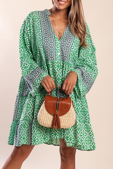 Rochie mini din bumbac imprimat, verde