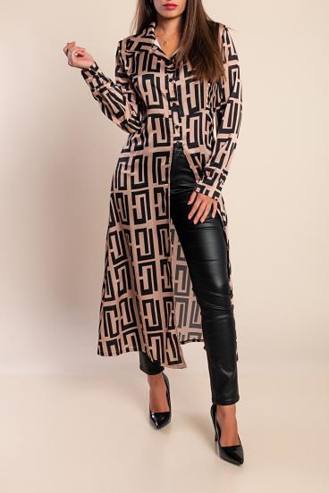 Camasa lunga eleganta cu imprimeu geometric, bej