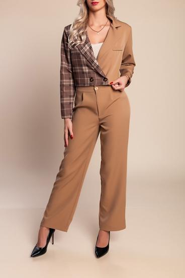 Set elegant blazer și pantaloni cu imprimeu carouri, camel
