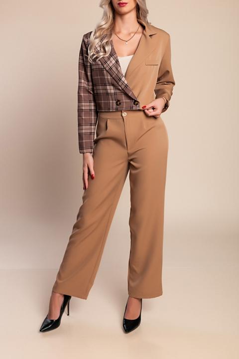 Set elegant blazer și pantaloni cu imprimeu carouri, camel
