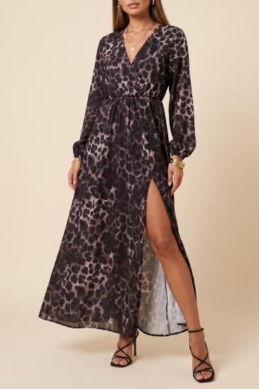 Rochie lunga cu imprimeu leopard, gri