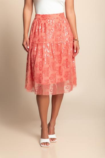Fustă midi cu imprimeu floral, coral