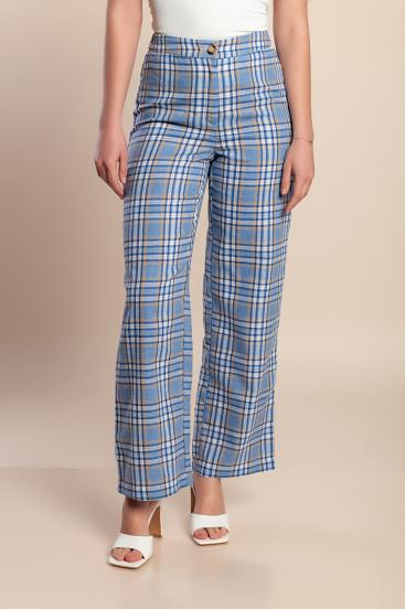 Pantaloni lungi cu imprimeu în carouri, albastru deschis